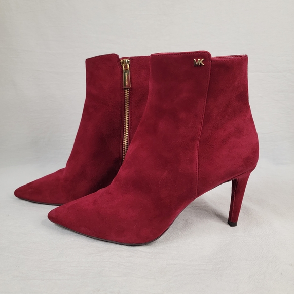 MICHAEL KORS Red Suede Pointed Toe Ankle Boots - Gold Zip 7.5M - Picture 4 of 12